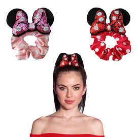 Styla Hair 2pk Mouse Ear Scrunchies for Kids Velvet Hair Bow Scrunchies for Women - Sparkle Sequins Mouse Hair Bands for Pony Tail Mickey Mouse Ears (Pink Red)