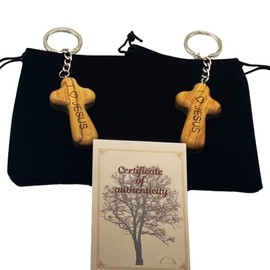 3 ARCHES USA Two (2) Olive Wood Comfort Cross Keychain with I Love Jesus- 2.5" Palm-Sized Key Ring from Bethlehem Holy Land-Handcrafted Religious Key Chain Set with Pouch & Prayer Card (2-Pack)