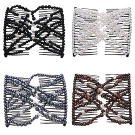 LOVEF 4Pcs Double Magic Slide Metal Comb Clip Hairpins Vintage Pearl Bead Stretchy Hair Combs for Women Ladies Hair Accessories Gift (Coffee)