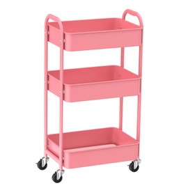 3-Tier Kitchen Cart Multifunctional Rolling Utility Cart with Lockable Wheels，Storage Craft Art Cart Trolley Organizer Serving Cart Easy Assembly for Office, Bathroom, Kitchen,Nursery（Pink）