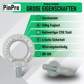 PinPro 4 x M8 Eye Bolts in Accordance with DIN 580 | Load Capacity of 70-340 kg | Metric Thread | C15E Forged Steel and Galvanised (Pack of 4, WLL: 140 kg)