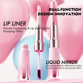 Delineador de Labios Doble Punta con Brillo Labial 2 en 1, 03# Perfilado, relleno y brillo en un solo producto, Define y Da Volumen, Maquillaje Duradero, Look Brillante Natural