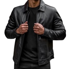 Mens Shirt Collar Genuine Real Lambskin Leather Jacket For Men Vintage Classic Biker Style with Zip Out Liner (US, Alpha, Large, Regular, Regular, Black)
