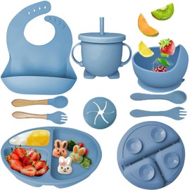 Platos De Silicona Para Bebés, Paquete De 9 Vajillas De Silicona para Alimentación Con Plato Con Ventosa, Babero Ajustable, Cucharas, Tenedores y Taza para Sorber, Regalos para Bebés (Azul oscuro)