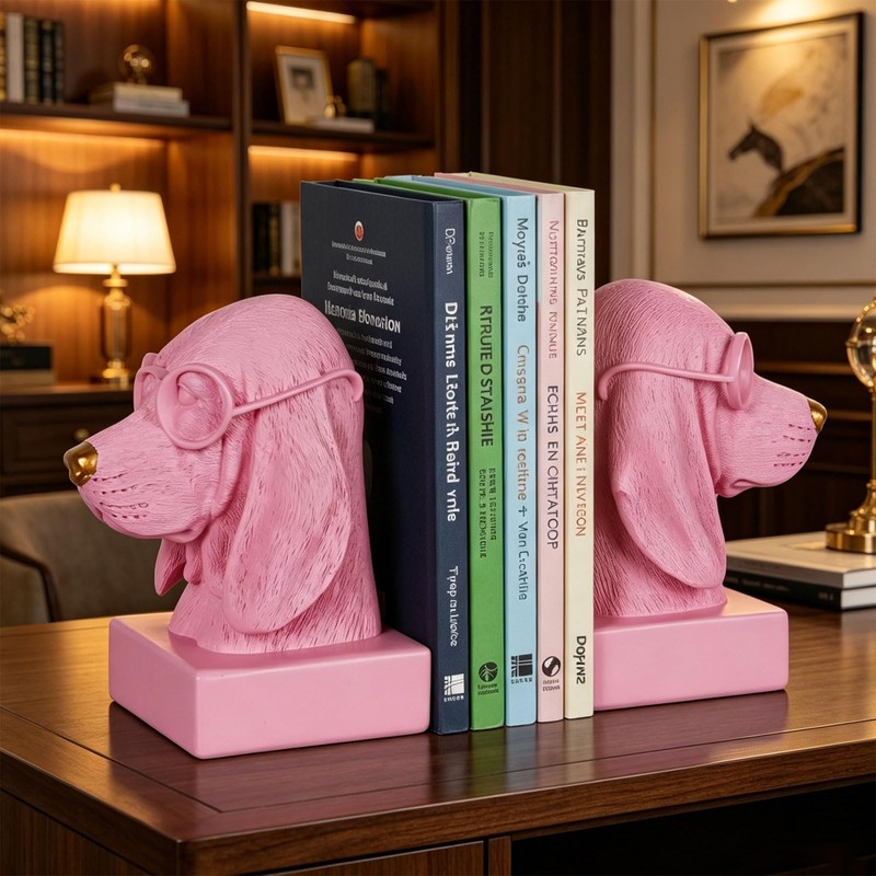 Pink Dog Book Ends for Shelves,Set of 2 Decorative Bookends