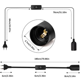 Pack of 2 Lamp Holder with Switch, E27 Socket, Black with 1.8 m Power Cable Switch, Lamp Holder with EU Plug for Pendant Lights, Pendant Lights, DIY Lamp (Black)