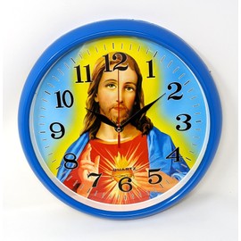 JRose Collections Jesus Wall Clock 28cm – Silent, Quartz Movement – Blue Framed Christian Religious Clock with Sacred Heart Design