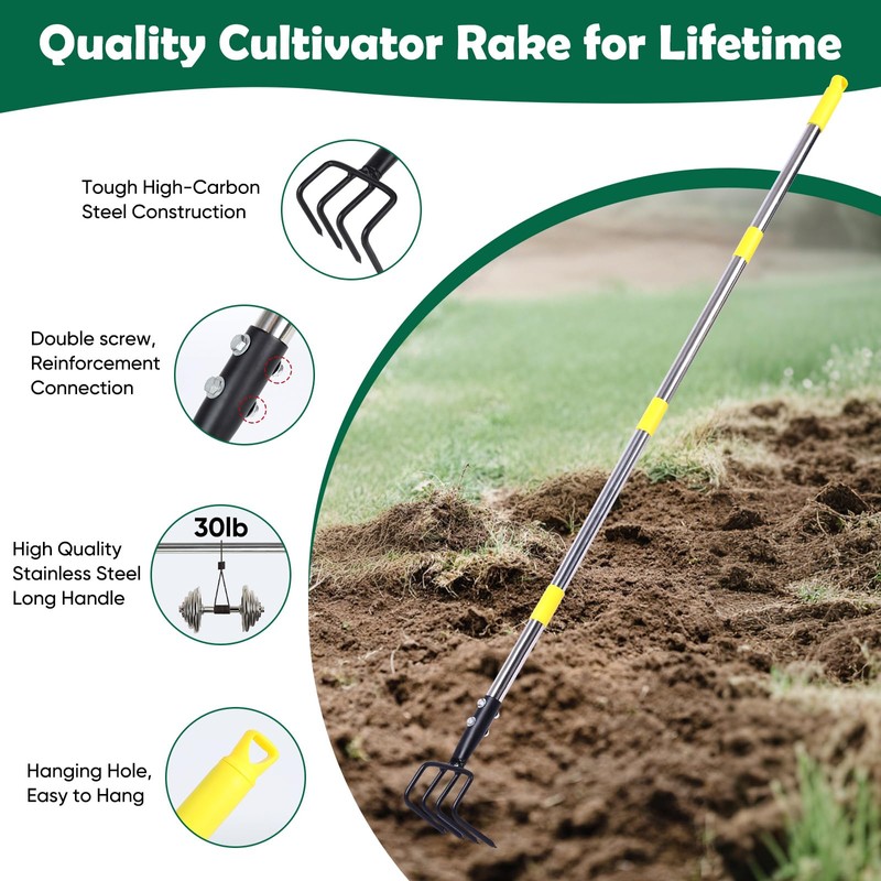 Garden Hand Tiller Cultivator, 4-Tine Adjustable Long Handle, Heavy Duty