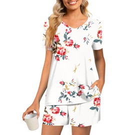 syoss Women's Pajamas Sets, Summer Casual Short Sleeves V-neck Tunic Top with Comfy Shorts, Loungewear Sleepwear 2 piece Ladies Pjs Sets with Pockets XL, Floral White