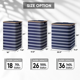 BALEINE Laundry Hamper with Lid, Tall Laundry Baskets with Bamboo Pull Handles, Large Laundry Bin with Internal Support (18 Gal/70L, Beige)