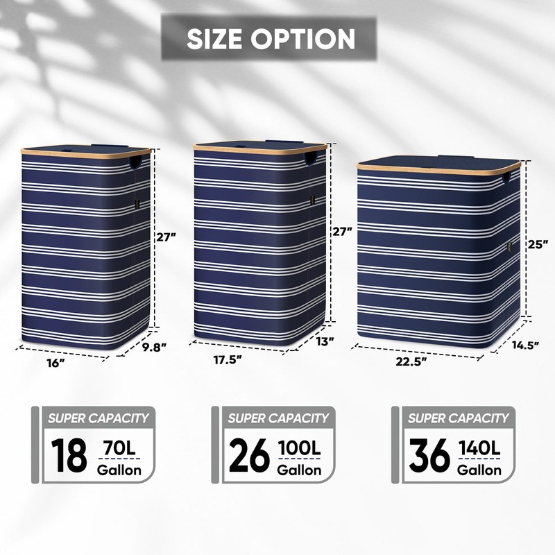 BALEINE Laundry Hamper with Lid, Tall Laundry Baskets with Bamboo