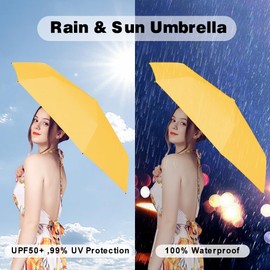 ESUFEIR - Sombrilla de viaje con funda, protección UV compacta para caminar, ligera y portátil, resistente al viento para mujeres y hombres, Amarillo, Compacto