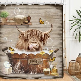 Miyotaa Highland Cow Bull Shower Curtain Set 60Wx71H Inches Funny Farmhouse Rustic Country Vintage Cattle Wooden Hello Sweet Cheeks Animal Waterproof Bathroom Curtain with 12 Hooks