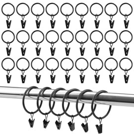 NICKLIN Curtain Rings with Hooks, Pack of 33 Metal Curtain Rings with Clips, Black, 32 mm Inner Diameter, Curtain Rings for Rod, Window, Door, Shower Curtain, Washing Line