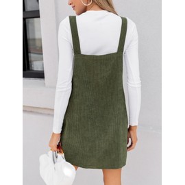 CUPSHE Women's Corduroy Dungare/Sleeveless Autumn Square Neck Braces Buttons Casual Dresses with Pockets Mini Dress, olive