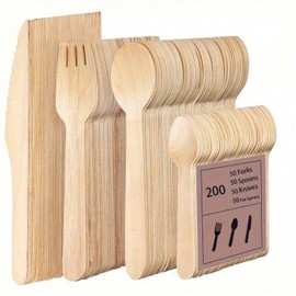 Paquete de 200 cubiertos Desechables de Madera - 200 Piezas: 50 Cuchillos, 50 Tenedores, 50 Cucharas y 50 Cucharas para café - Servicio para 50 personas. - Ecológicos. - Ideal para fiestas y eventos.
