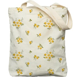 EFFUSON Floral Tote Bag for Women, Cute Large Two Sided Printing Zippered Aesthetic Yellow Nature Flowers Cottagecore Canvas Tote Bags with Inner Pocket Reusable Grocery Shopping Totebags for Teens