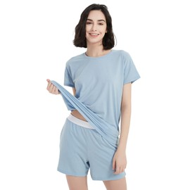 ZSOSBA METARINO Merino Wool Pajamas Women 2 Piece Pjs Lounge Sets Short Sleeve Tops with Shorts Soft Sleepwear Loungewear,Sky Blue,Large