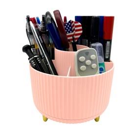 LiteTour Pink 360° Rotating Makeup Brush & Pencil Holder, Desk Organizer with 5 Compartments, Skincare & Stationery Storage, Home & Office Organizer for Desktop, Vanity & Countertop