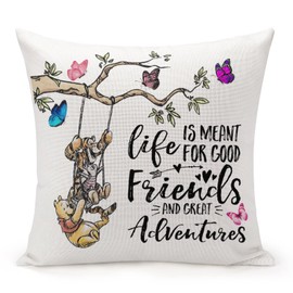 MKONY Funny Children Classic Quotes Throw Pillow Cover, Good Friends and Great Adventures, Linen Decorative Pillows Case for Sofa Bedroom Room 18x18 inch