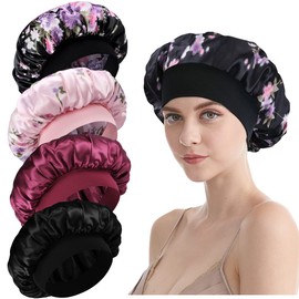 Silk Satin Bonnet-4 Packs Women Satin Hair Bonnet for Curly Hair Satin Bonnet Silk Sleep Cap Silk Hair Wrap for Sleeping Black Hair