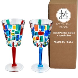Italian Wine Glasses, Set of 2, Etna, 8 OZ Glasses, Hand Painted Wine Glasses, Luxury Crystal Glassware Wine Goblets, Style-Murano Wine Glassware, Hand Blown, Made In Italy (Multi)
