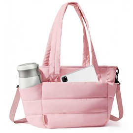 Wdmiya Insulated Lunch Bag for Women, Quilted Lightweight Puffer Tote Bag with Lunch Compartment & Cup Holder, Soft Reusable Lunch Box for Adults Work, Travel, Camping, Picnic, Outdoor, Pink