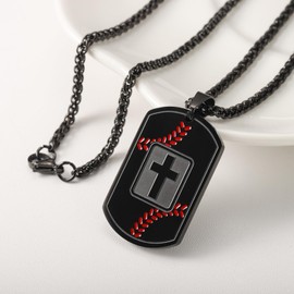 Kalanophel Baseball Cross Dog Tag Necklace for Men Pendant Chain Gifts Religious Christian First Communion Confirmation Stainless Steel Jewelry Black