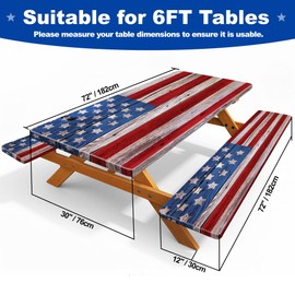 FIVZHH American Flag Picnic Table Cover with Bench Covers 6FT, Camping Essentials Waterproof Windproof Fitted Outdoor Tablecloth with Elastic Rectangle Table Cloth Camping Accessories