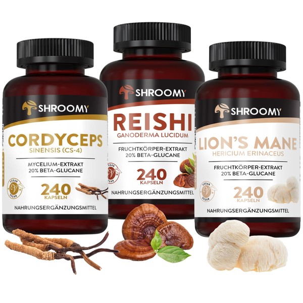 SHROOMY Lion´s Mane + Cordyceps sinensis (CS-4) + Reishi im 3er Set - jeweils 240 Kapseln hochdosiertes Extrakt-Pulver mit 20% Beta Glucan