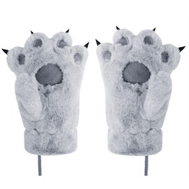 Qchomee Women Girls Cat Bear Paw Claw Gloves Mittens Plush Warm Winter Animal Wolf Paw Handwear Cute Fluffy Cartoon Claw Mittens with String Cosplay Party 18x10cm, Grey for Girls 4-10 Years