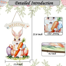 LianheCy Easter Decoration Door Wall Signs Wooden Rabbit Welcome Sign for Front Door Bunny Egg Carrot Ornaments Hanging Crafts for Spring Home Farmhouse Indoor Outdoor Party Supply Happy Easter