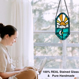 Lcensp Stained Glass Sun and Moon Decor Window Hanging Suncatchers Ornament,Handcrafted Tiffany Style Sun Catcher Decor Gifts for Bedroom Livingroom