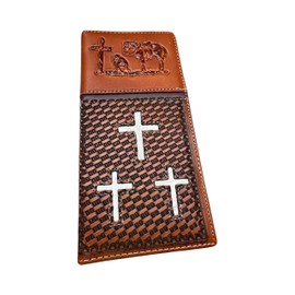Western Stakes Leather Long Wallet Cow Hair Tri Cross Cowboy Praying At Cross Tooled Bi Fold Embossed Leather Rodeo Wallet Cowboy Style Hand Crafted High End Mens Wallets Leather (Brown)