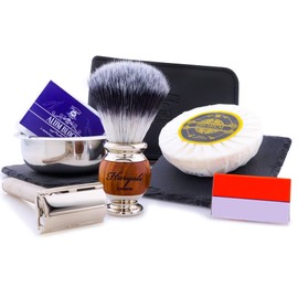 Haryali London Shaving Set – Shaving Brush Vegan – Shaving Soap, Shaving Bowl, Alum Stone – 6 Piece Wet Razor Men Women Shaving Set Including Razor Blades Safety Razor – Leather Case for Safety Razor