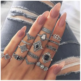 TseenYi Boho Knuckle Rings Silver Midi Finger Rings Set Retro Stackable Joint Rings Moonstone Midi Rings Hand Jewelry for Women and Girls