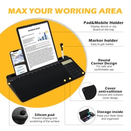 Desktop Glass Whiteboard with Calculator(12 Digit LCD Display) & Ruler Marker,Tilted Notepad Computer Keyboard Stand with Black Dry Erase Board Surface, Desk Organizers with Accessories,Black