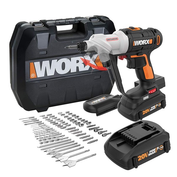 WORX WX176L.1 Switchdriver 2-in-1 Cordless Drill and Driver with Rotating Dual Chucks and 2-Speed Motor with Precise Electronic Torque Control Kit (67 Piece)
