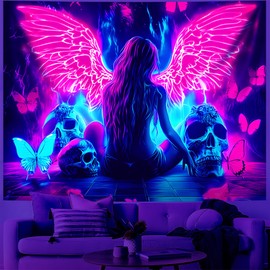 Tapiz de luz negra, tapiz de alas que brilla en la oscuridad, luz negra reactiva contra los rayos UV, pósteres verticales para colgar en la pared para recámara, sala de estar, decoración de telón de