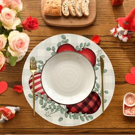 Artoid Mode Buffalo Plaid Eucalyptus Hearts Round Mother's Day Placemats Set of 4, 15 Inch Anniversary Wedding Round Table Mats for Dining Decoration