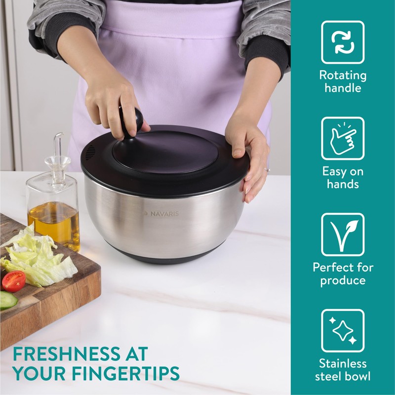 Navaris Salad Spinner with Lid - Salad Spinner Stainless Steel