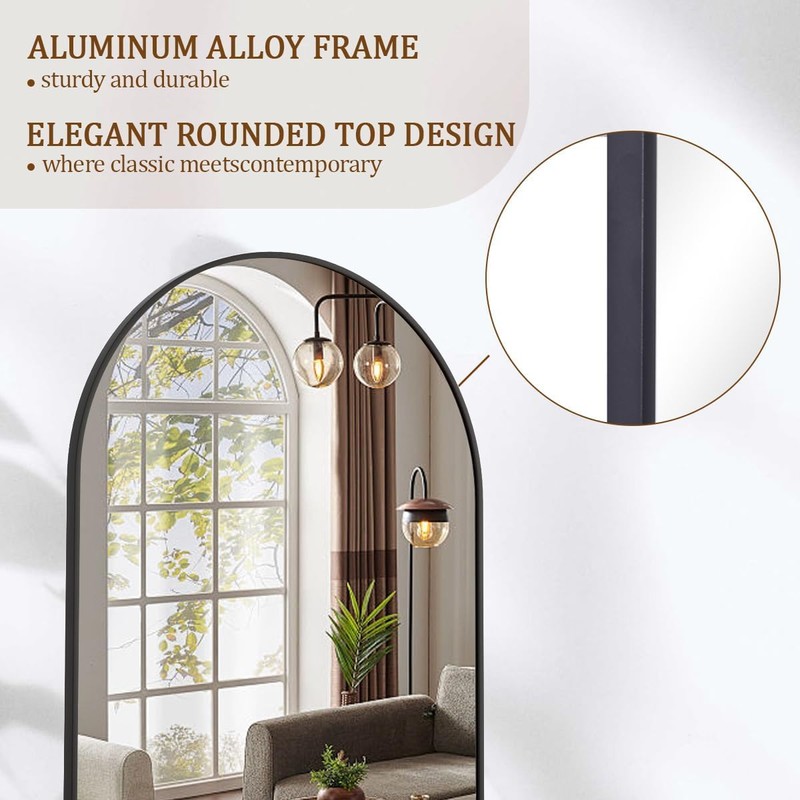 Koonmi Arched Full Length Mirror, 65"x24" Arched Black Floor Mirror,