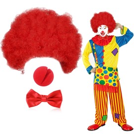UILYNIU 3-Piece Clown Costume Set Men Women Clown Wig Red Wig Curly Clown Nose Bow Tie for Party Carnival (Red)