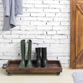 MyGift 30-Inch Rustic Wood Rolling Boot Tray with Metal Pipe Handles