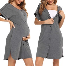 iClosam Women's Cotton Maternity Nursing Nightdress Short Sleeve Maternity Nightdress Breastfeeding with Buttons Maternity Dress with Crew Neck for Nursing Women S-XXL, Style A: Gray