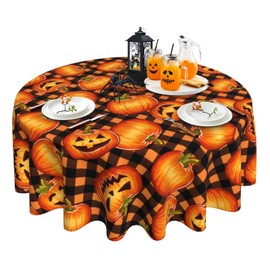 Mantel redondo de Halloween de 60 pulgadas, color naranja y negro, a cuadros, para decoración de mesa de comedor
