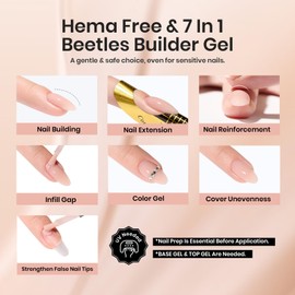 Beetles Builder Gel 2 Colors 7 in 1 Nude Glitter Builder Gel Hema-Free for Nail Apex & Extension Strengthener Upgraded Bottle Soak Off LED Lamp DIY Manicure Salon Gifts for Women