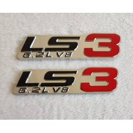 Pair Set LS3 6.2L V8 Engine Badge 3D Emblem Nameplate Sticker (Silver Red)