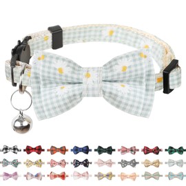 BANMODER Cat Collar Breakaway with Bells,Cute Cat Bow Tie,1 Pack Safety Kitten Plaid & Flower Collar for Girl Boy Male Cats(Green Plaid/Flower)