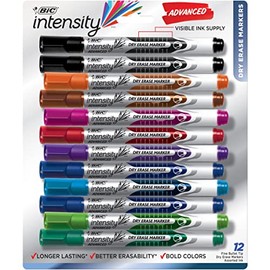 BIC Intensity - Marcadores de borrado en seco coloridos, punta de bala, paquete de 12 colores surtidos, marcadores de pizarrón blanca para profesores y suministros de oficina